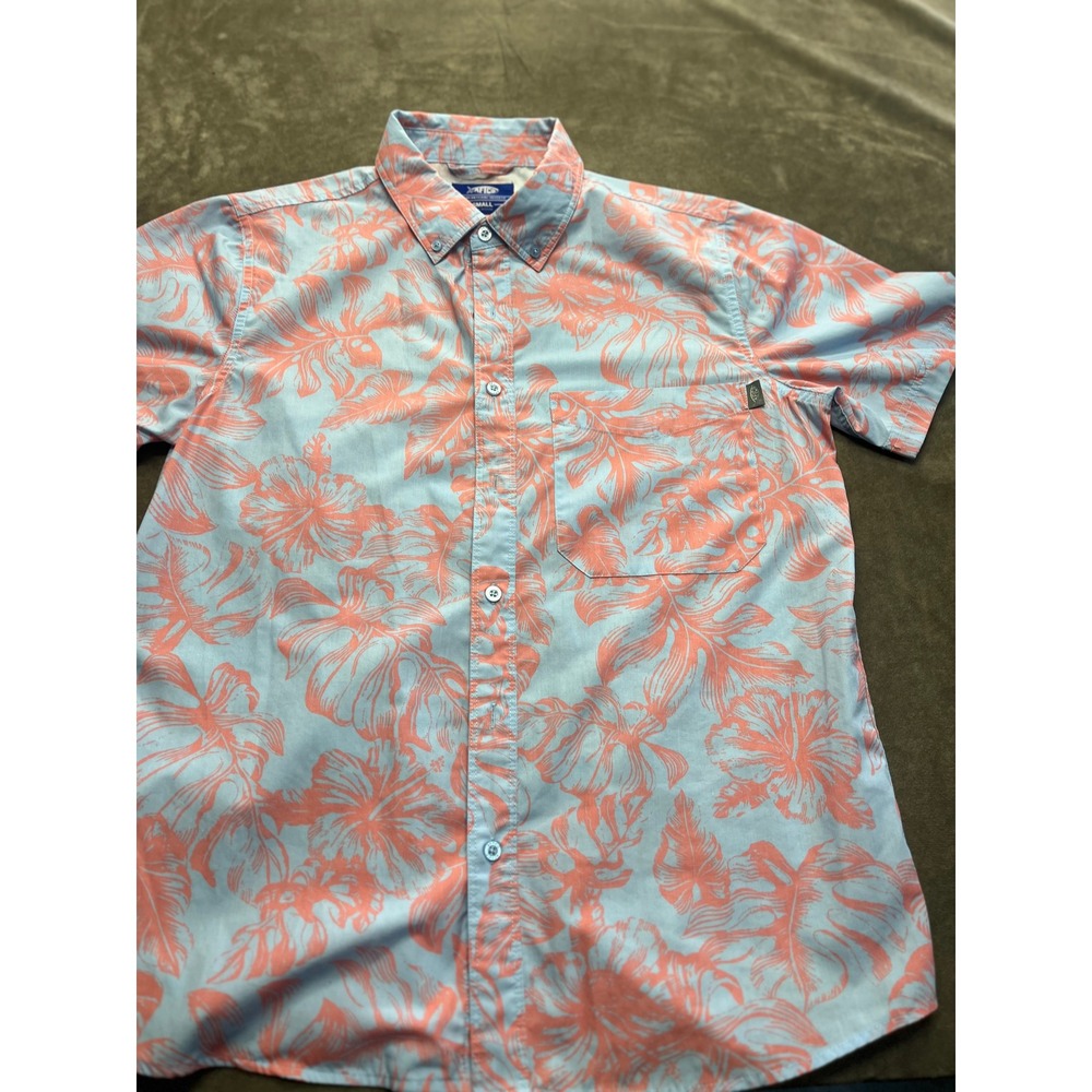 AFTCO Mens Small Blue Coral Tropical Hibiscus Floral Short Sleeve‎ Fishing Shirt